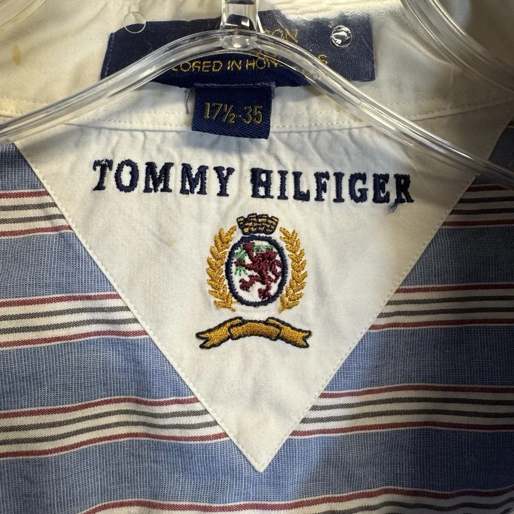Vintage Tommy Hilfiger Blue Striped Button Up XL 17.5 35